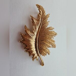 Vintage Monet Textured Gold Leaf Brooch 1960s MCM Large Statement Pin